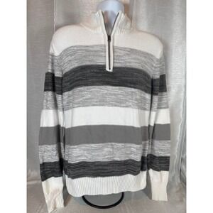 Carbon Mens Striped Quarter Zip Sweater Size‎ S White Grey Black Mock Neck